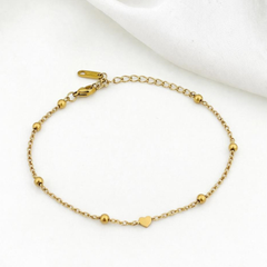 Dainty Gold Satellite Bead Bracelet with Heart Charm - 18k Gold Plated Adjustable